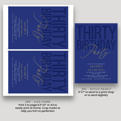 30th Birthday Invitation, Editable Navy Gold Thirty Party Invite, Mens Womens Adult Invitation Template, 30th Birthday Printable Template