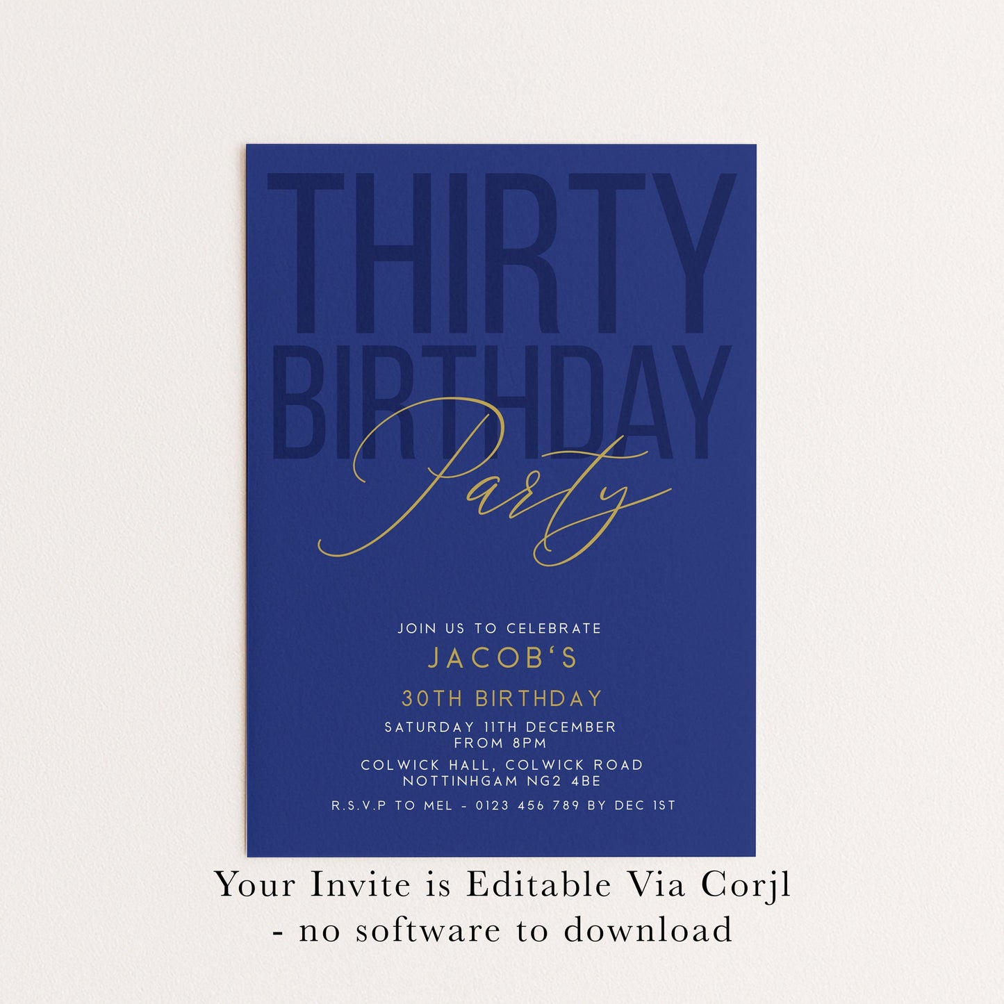 30th Birthday Invitation, Editable Navy Gold Thirty Party Invite, Mens Womens Adult Invitation Template, 30th Birthday Printable Template