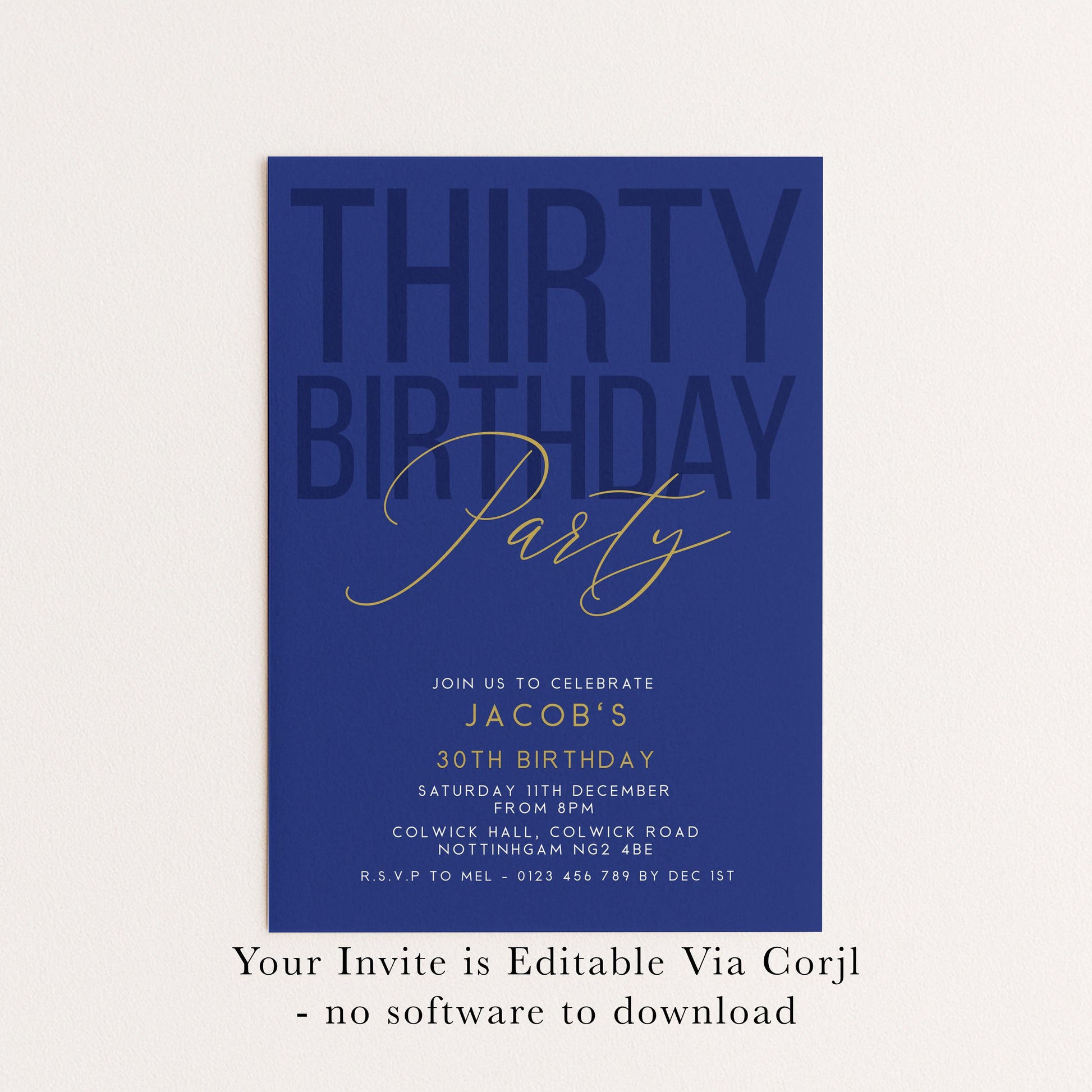 30th Birthday Invitation, Editable Navy Gold Thirty Party Invite, Mens Womens Adult Invitation Template, 30th Birthday Printable Template