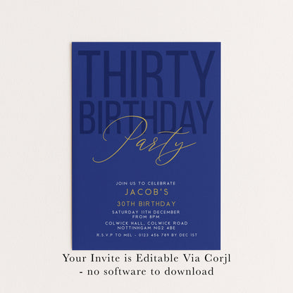 30th Birthday Invitation, Editable Navy Gold Thirty Party Invite, Mens Womens Adult Invitation Template, 30th Birthday Printable Template