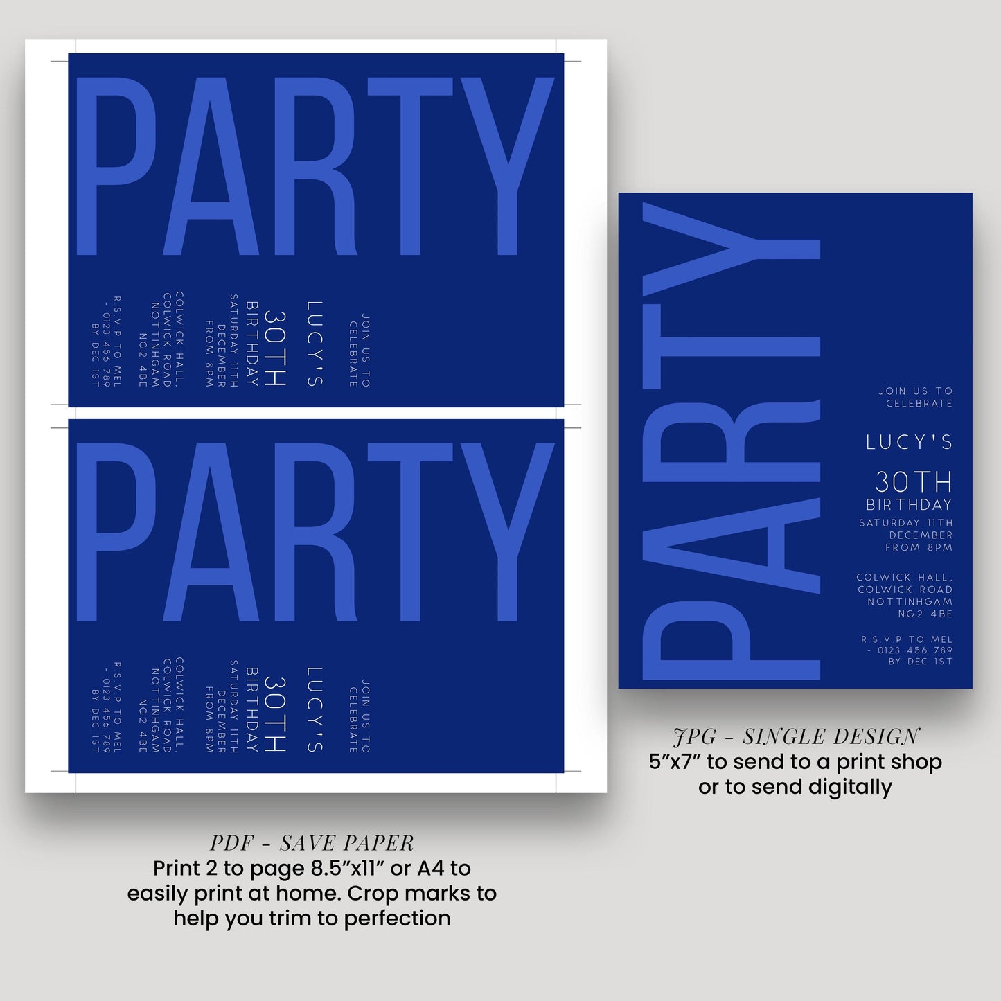 30th Birthday Invitation, Editable Navy and Blue Party Invite, Simple Invitation Template, Thirty Birthday Printable Template