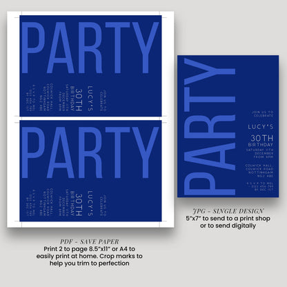 30th Birthday Invitation, Editable Navy and Blue Party Invite, Simple Invitation Template, Thirty Birthday Printable Template