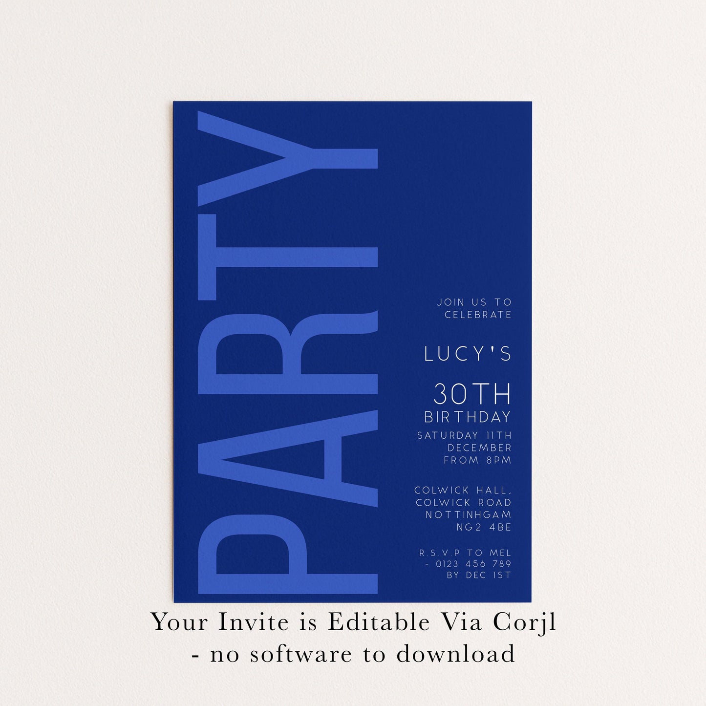 30th Birthday Invitation, Editable Navy and Blue Party Invite, Simple Invitation Template, Thirty Birthday Printable Template