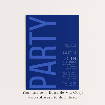 30th Birthday Invitation, Editable Navy and Blue Party Invite, Simple Invitation Template, Thirty Birthday Printable Template