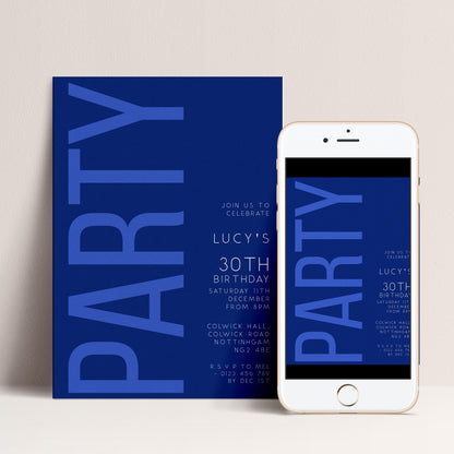 30th Birthday Invitation, Editable Navy and Blue Party Invite, Simple Invitation Template, Thirty Birthday Printable Template