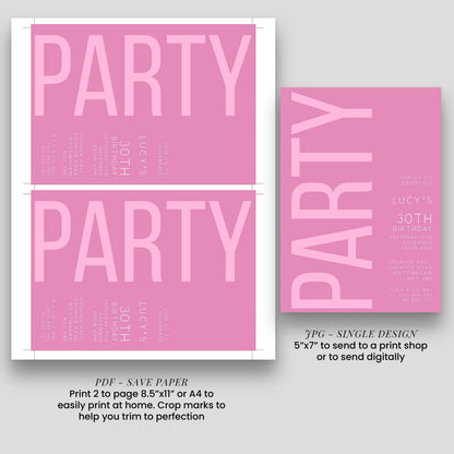 30th Birthday Invitation, Editable Pink Party Invite, Women's Adult Invitation Template, Thirty Birthday Printable Template for Her