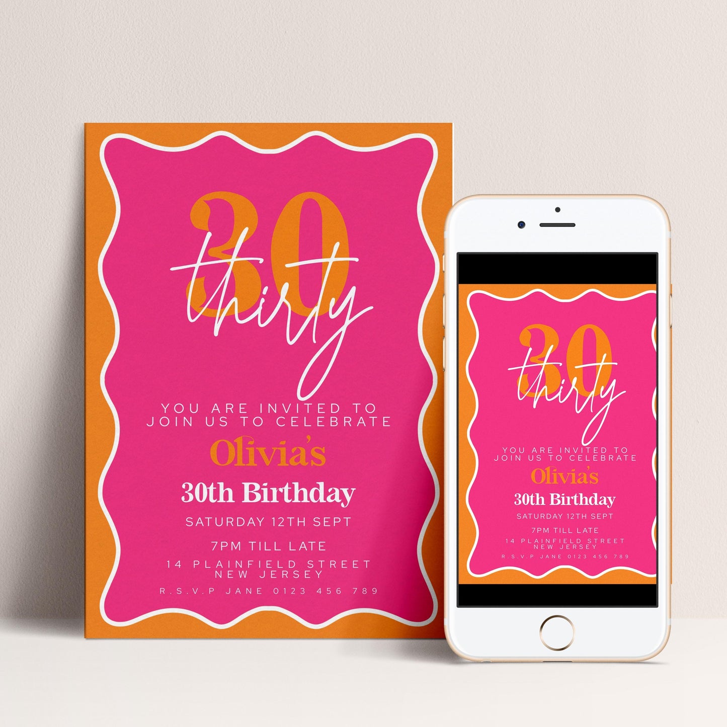 30th Birthday Invitation Pink Orange Theme, Modern Party Invite for Her, Bold Color Birthday, Editable Template