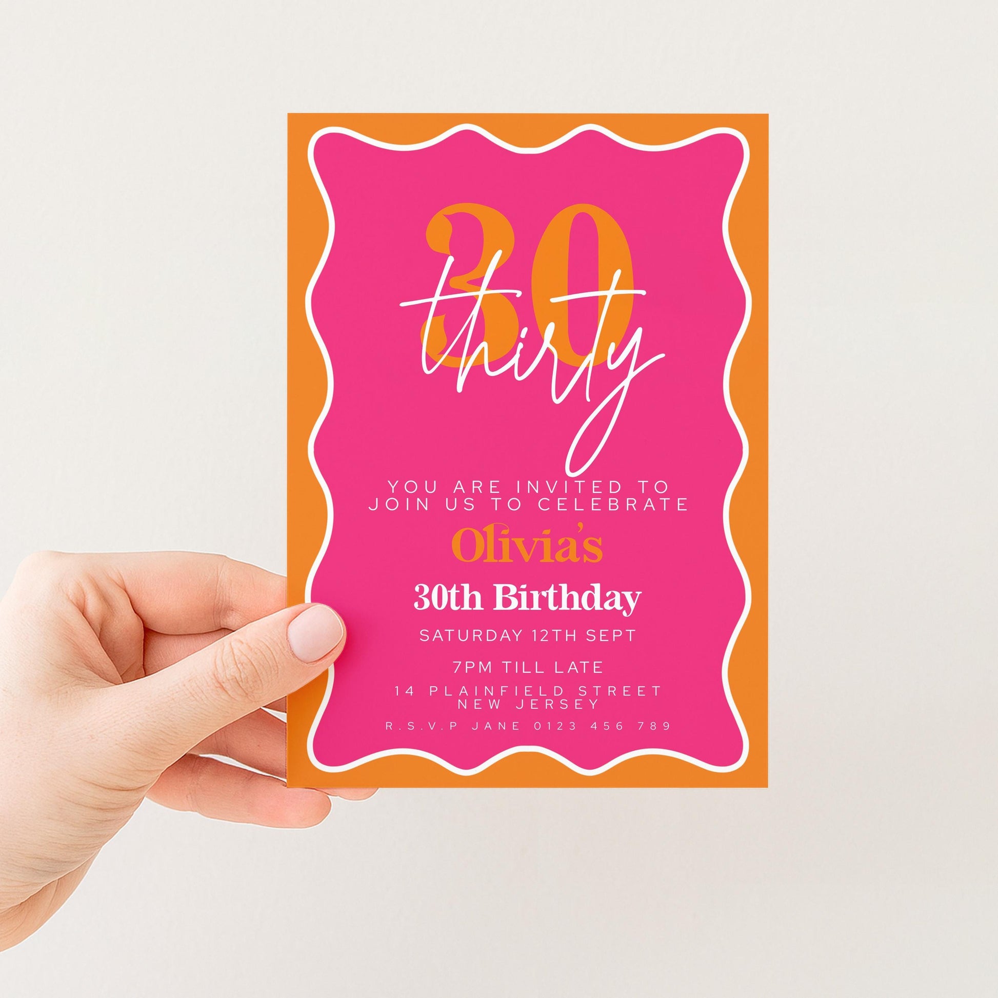 30th Birthday Invitation Pink Orange Theme, Modern Party Invite for Her, Bold Color Birthday, Editable Template