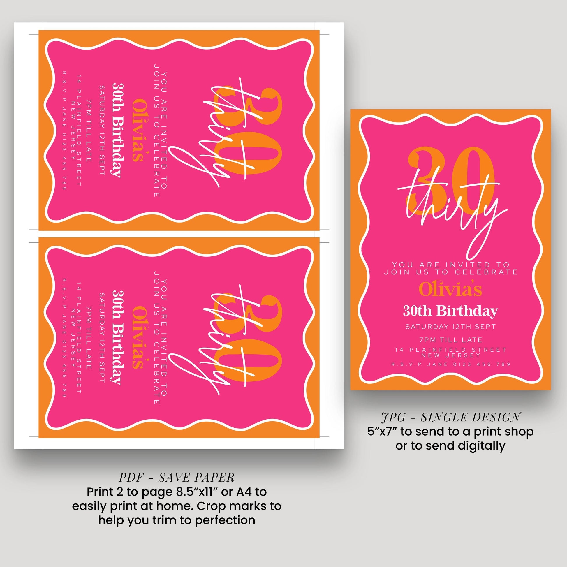 30th Birthday Invitation Pink Orange Theme, Modern Party Invite for Her, Bold Color Birthday, Editable Template