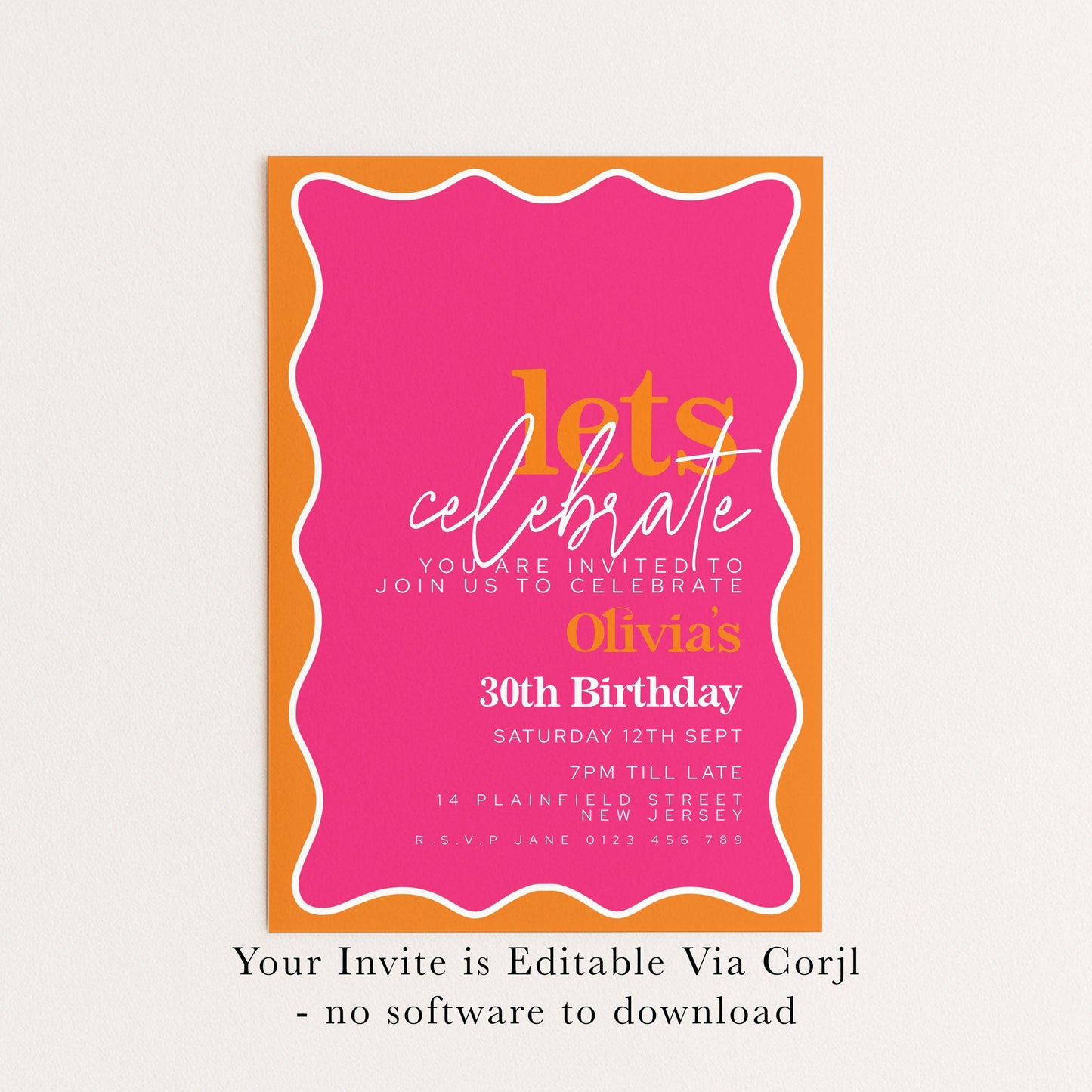30th Birthday Invitation Pink Orange, Fun Colour Party Invite, Bold Birthday Invitation, Editable Template