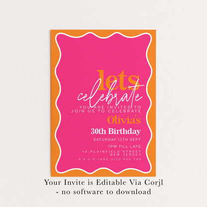 30th Birthday Invitation Pink Orange, Fun Colour Party Invite, Bold Birthday Invitation, Editable Template
