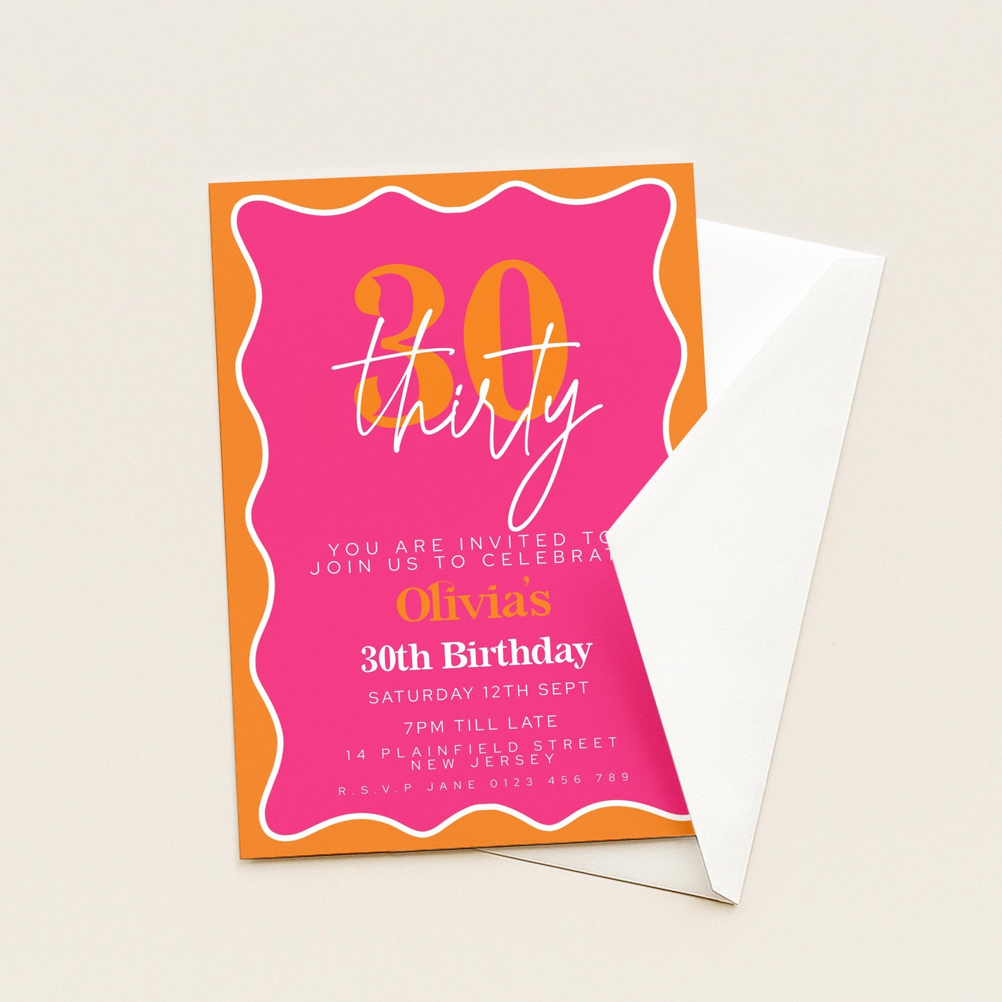 30th Birthday Invitation Pink Orange Theme, Modern Party Invite for Her, Bold Color Birthday, Editable Template