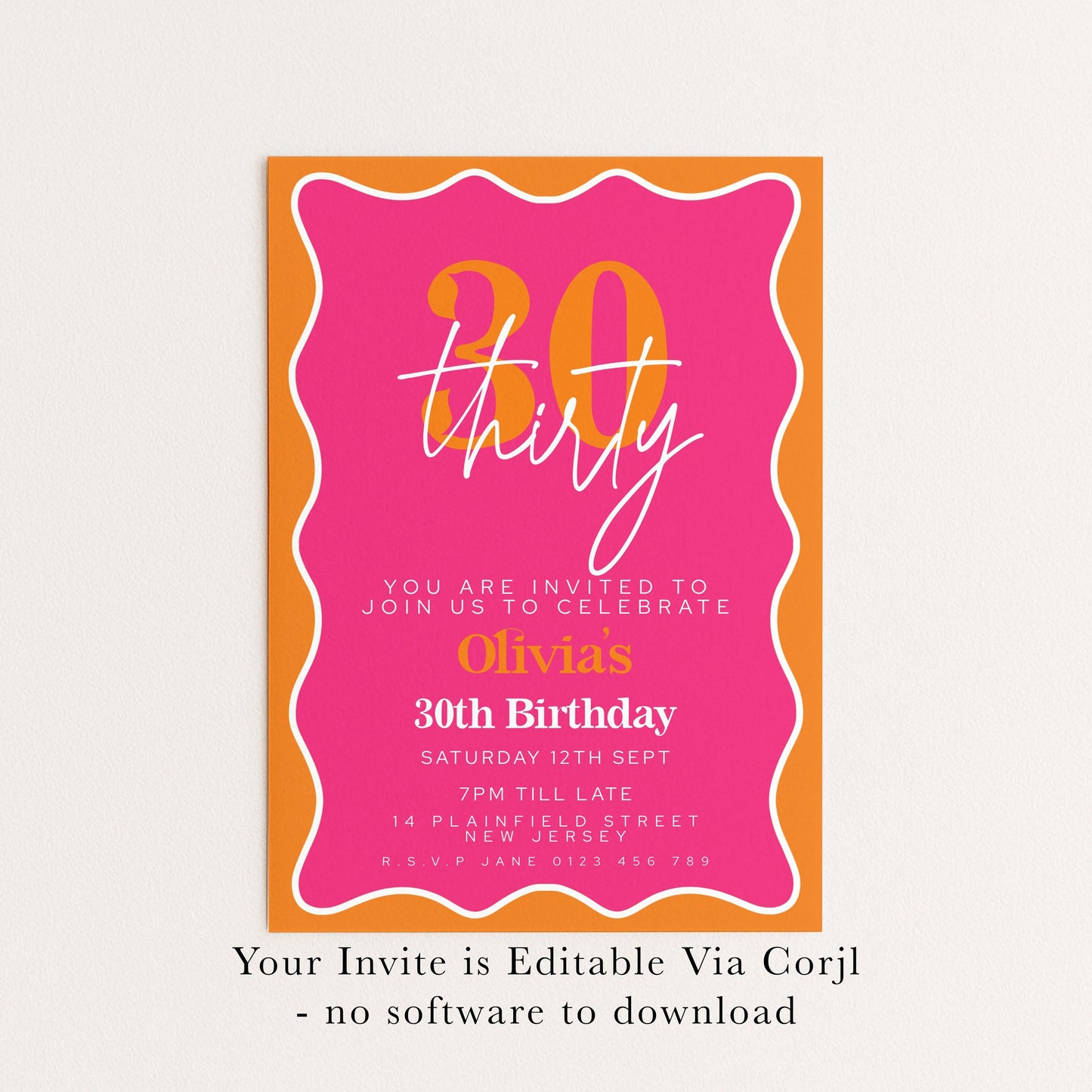 30th Birthday Invitation Pink Orange Theme, Modern Party Invite for Her, Bold Color Birthday, Editable Template