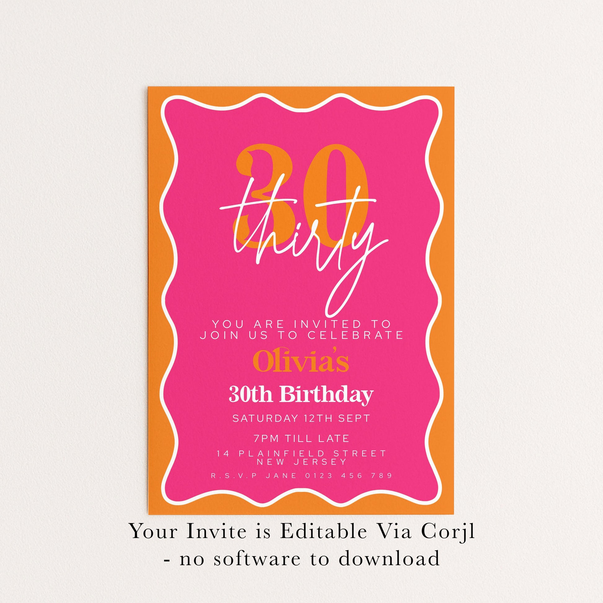 30th Birthday Invitation Pink Orange Theme, Modern Party Invite for Her, Bold Color Birthday, Editable Template