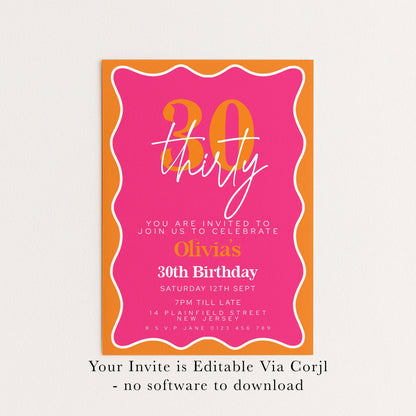 30th Birthday Invitation Pink Orange Theme, Modern Party Invite for Her, Bold Color Birthday, Editable Template