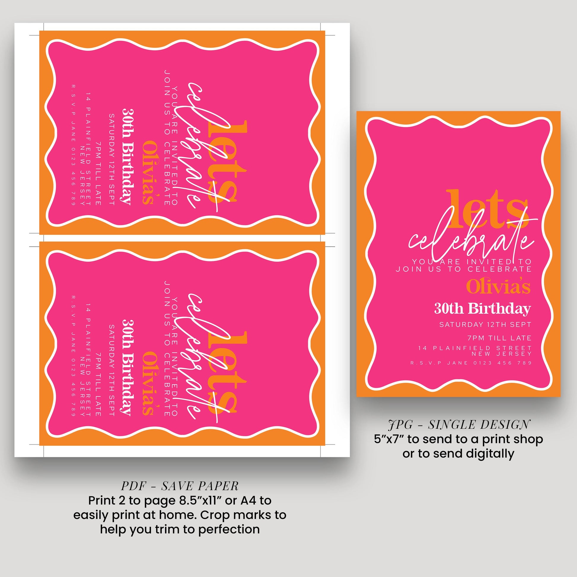 30th Birthday Invitation Pink Orange, Fun Colour Party Invite, Bold Birthday Invitation, Editable Template