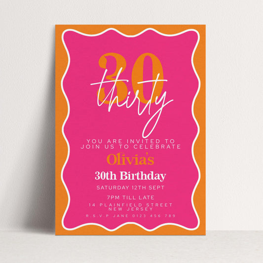 30th Birthday Invitation Pink Orange Theme, Modern Party Invite for Her, Bold Color Birthday, Editable Template