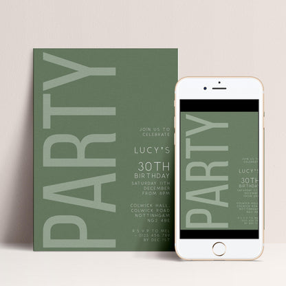 30th Birthday Invitation, Editable Green Party Invite, Men's Women's Adult Invitation Template, Thirty Birthday Printable Template