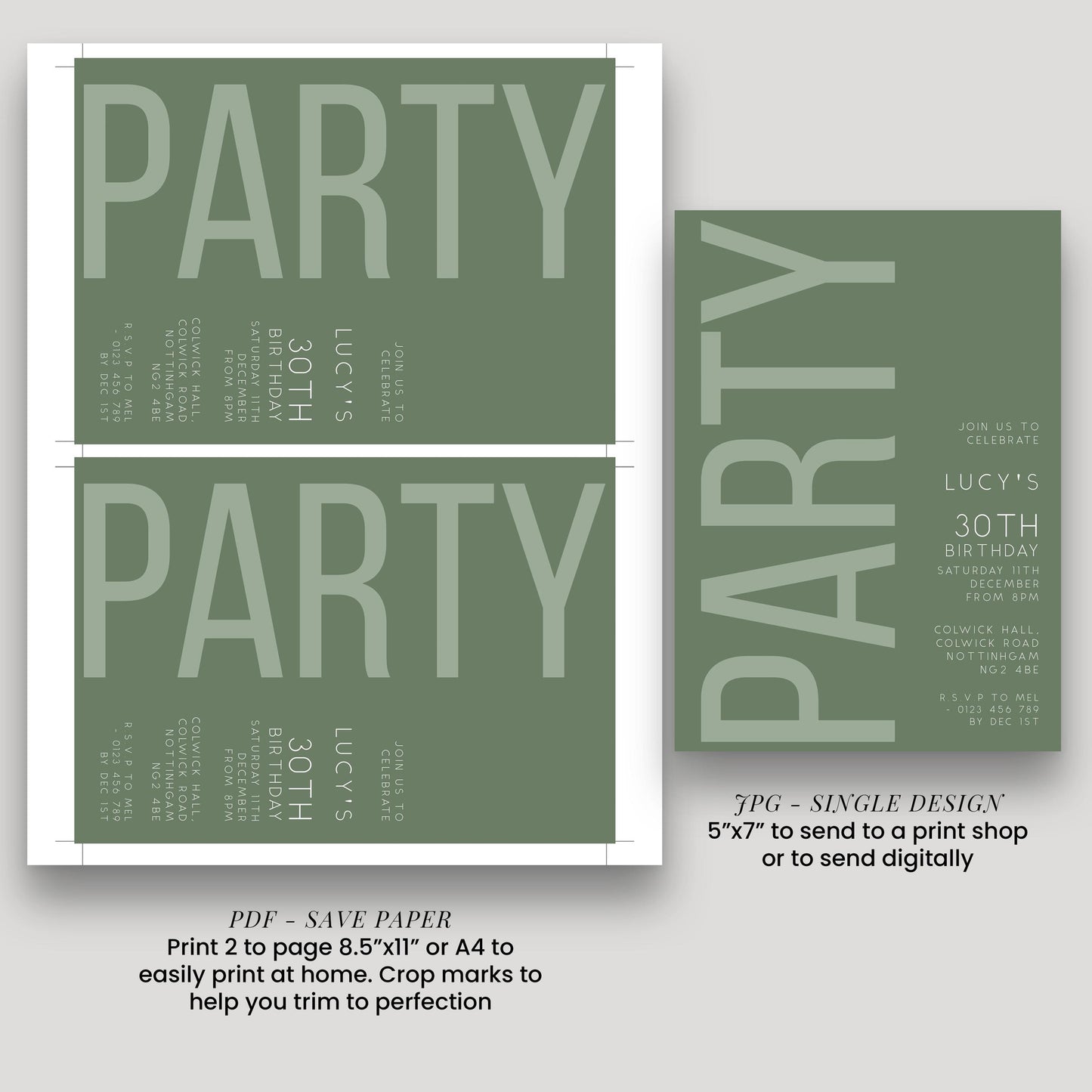30th Birthday Invitation, Editable Green Party Invite, Men's Women's Adult Invitation Template, Thirty Birthday Printable Template