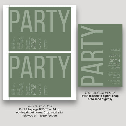 30th Birthday Invitation, Editable Green Party Invite, Men's Women's Adult Invitation Template, Thirty Birthday Printable Template
