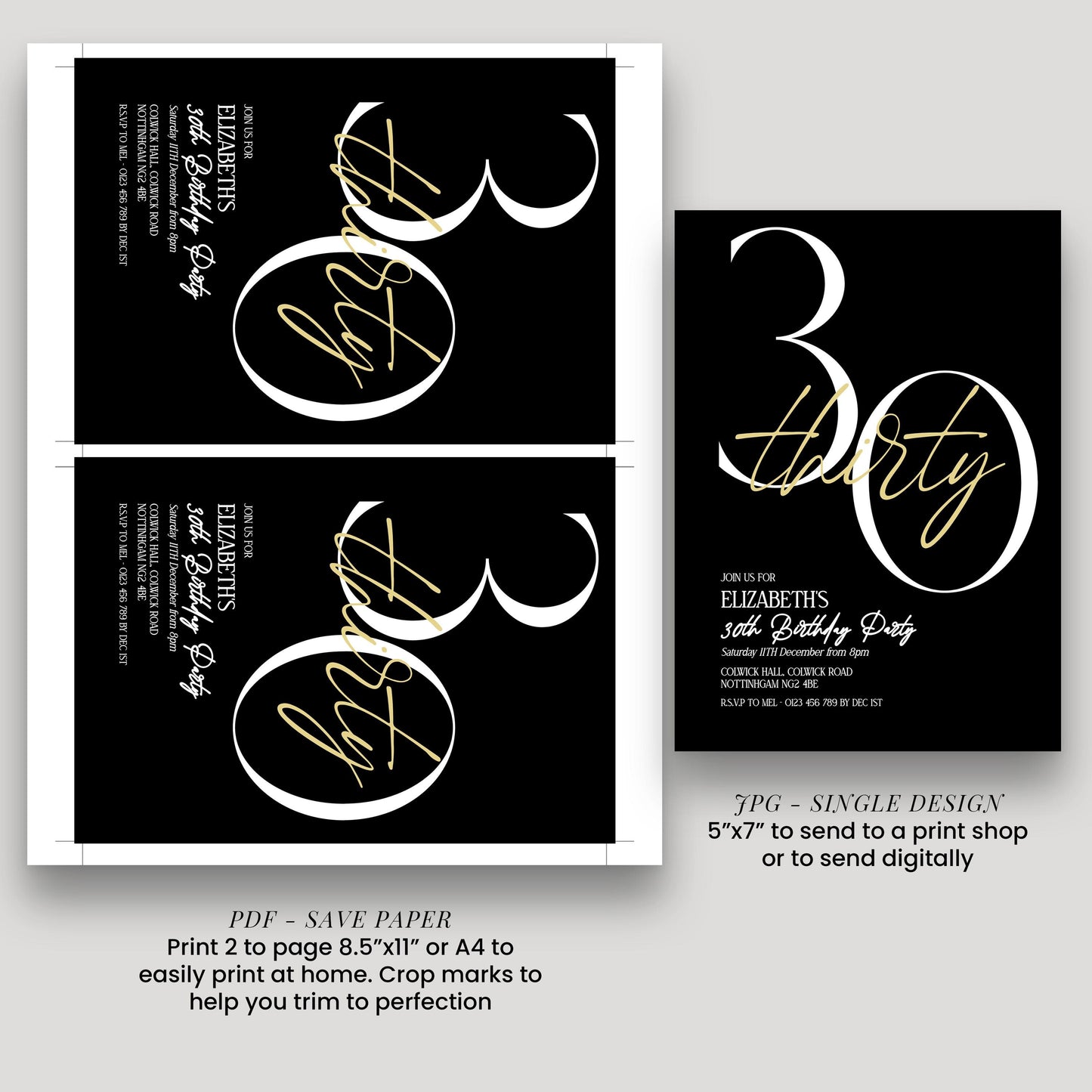 30th Birthday Invitation Woman, Black Gold 30th Party Invite, Elegant Milestone Birthday Invite, Modern Editable Corjl Template
