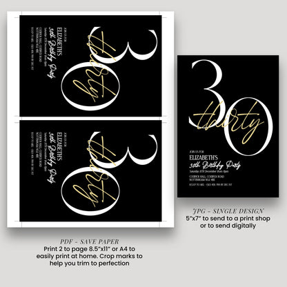 30th Birthday Invitation Woman, Black Gold 30th Party Invite, Elegant Milestone Birthday Invite, Modern Editable Corjl Template