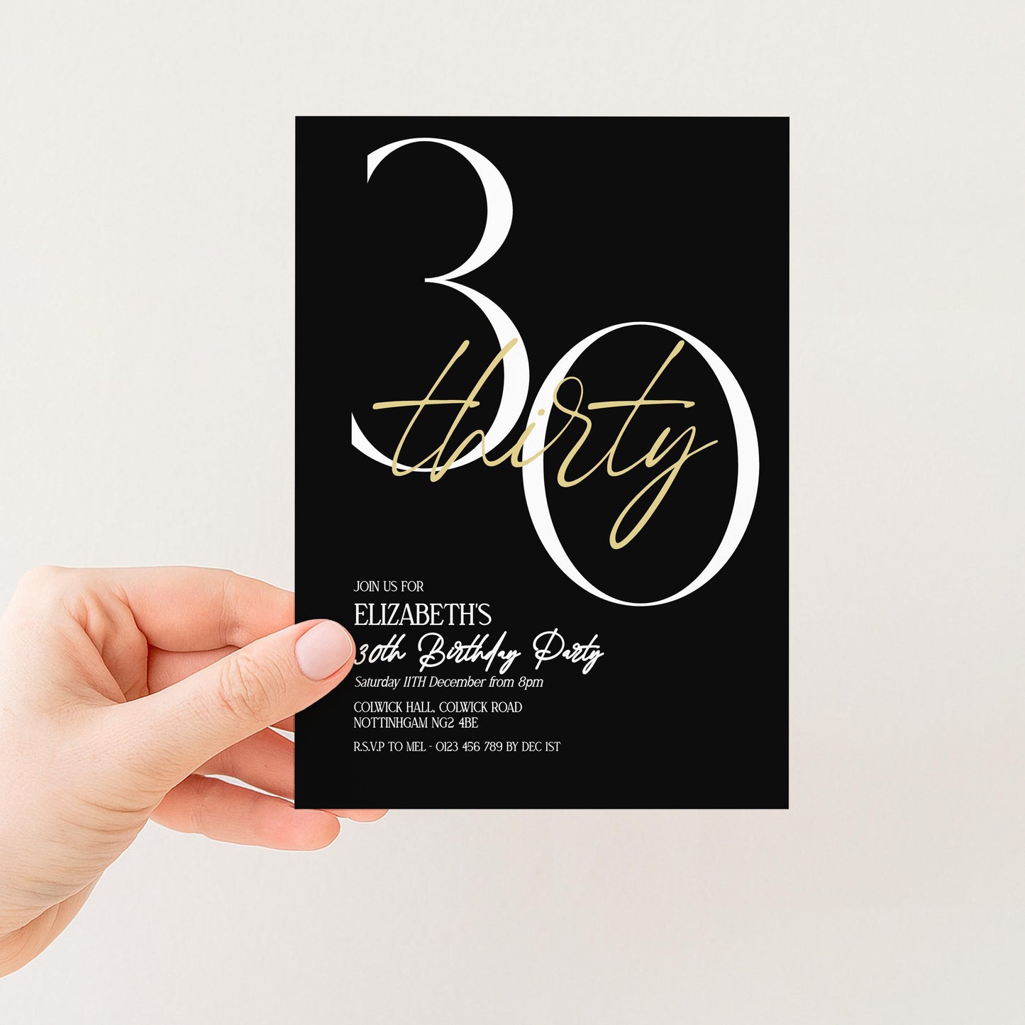30th Birthday Invitation Woman, Black Gold 30th Party Invite, Elegant Milestone Birthday Invite, Modern Editable Corjl Template
