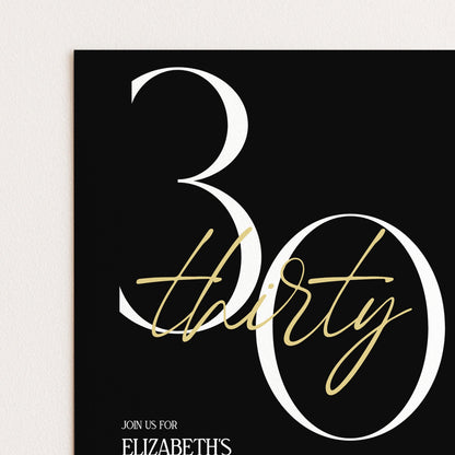 30th Birthday Invitation Woman, Black Gold 30th Party Invite, Elegant Milestone Birthday Invite, Modern Editable Corjl Template