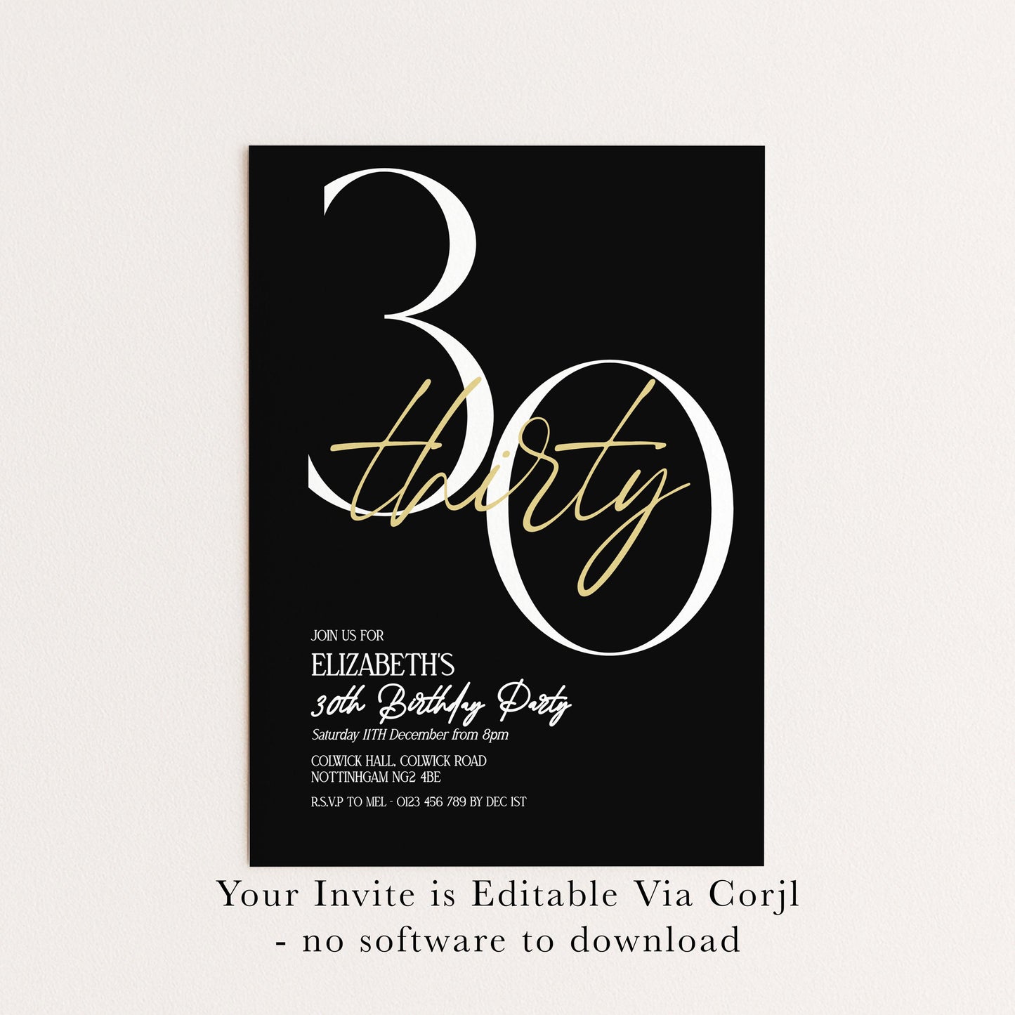 30th Birthday Invitation Woman, Black Gold 30th Party Invite, Elegant Milestone Birthday Invite, Modern Editable Corjl Template
