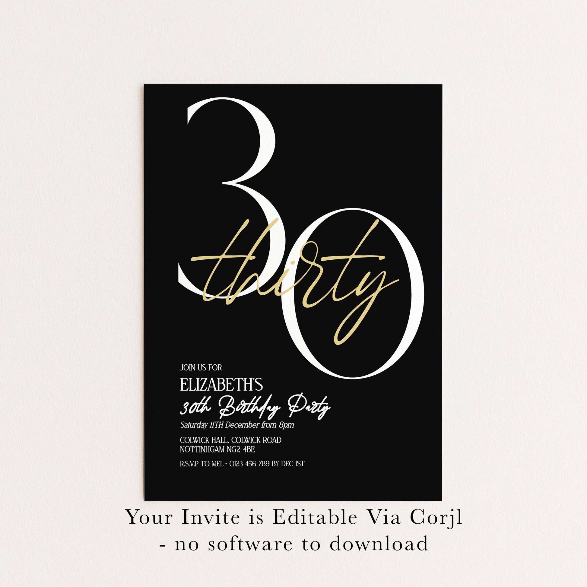 30th Birthday Invitation Woman, Black Gold 30th Party Invite, Elegant Milestone Birthday Invite, Modern Editable Corjl Template