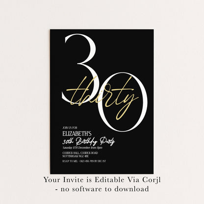 30th Birthday Invitation Woman, Black Gold 30th Party Invite, Elegant Milestone Birthday Invite, Modern Editable Corjl Template