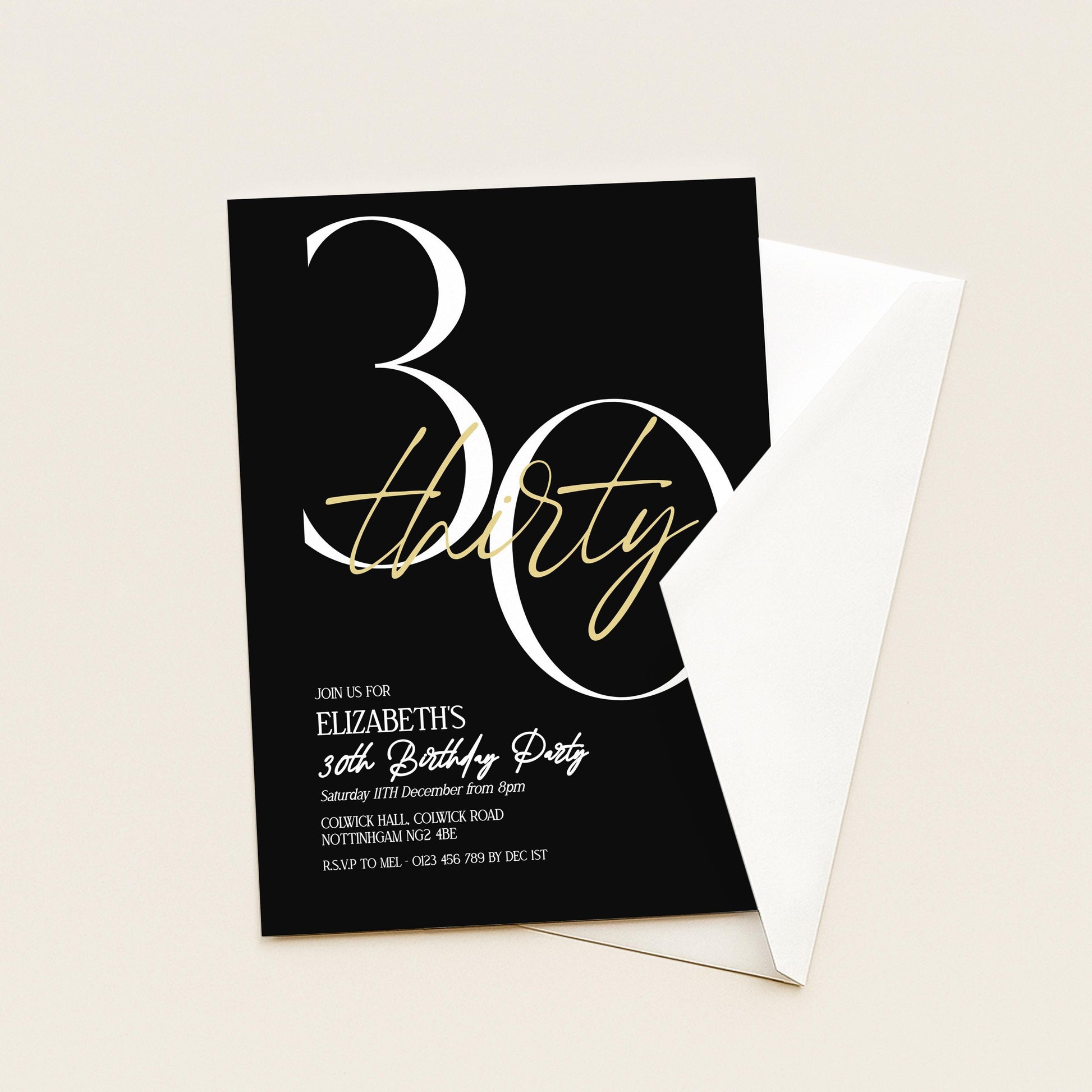 30th Birthday Invitation Woman, Black Gold 30th Party Invite, Elegant Milestone Birthday Invite, Modern Editable Corjl Template