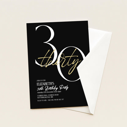 30th Birthday Invitation Woman, Black Gold 30th Party Invite, Elegant Milestone Birthday Invite, Modern Editable Corjl Template