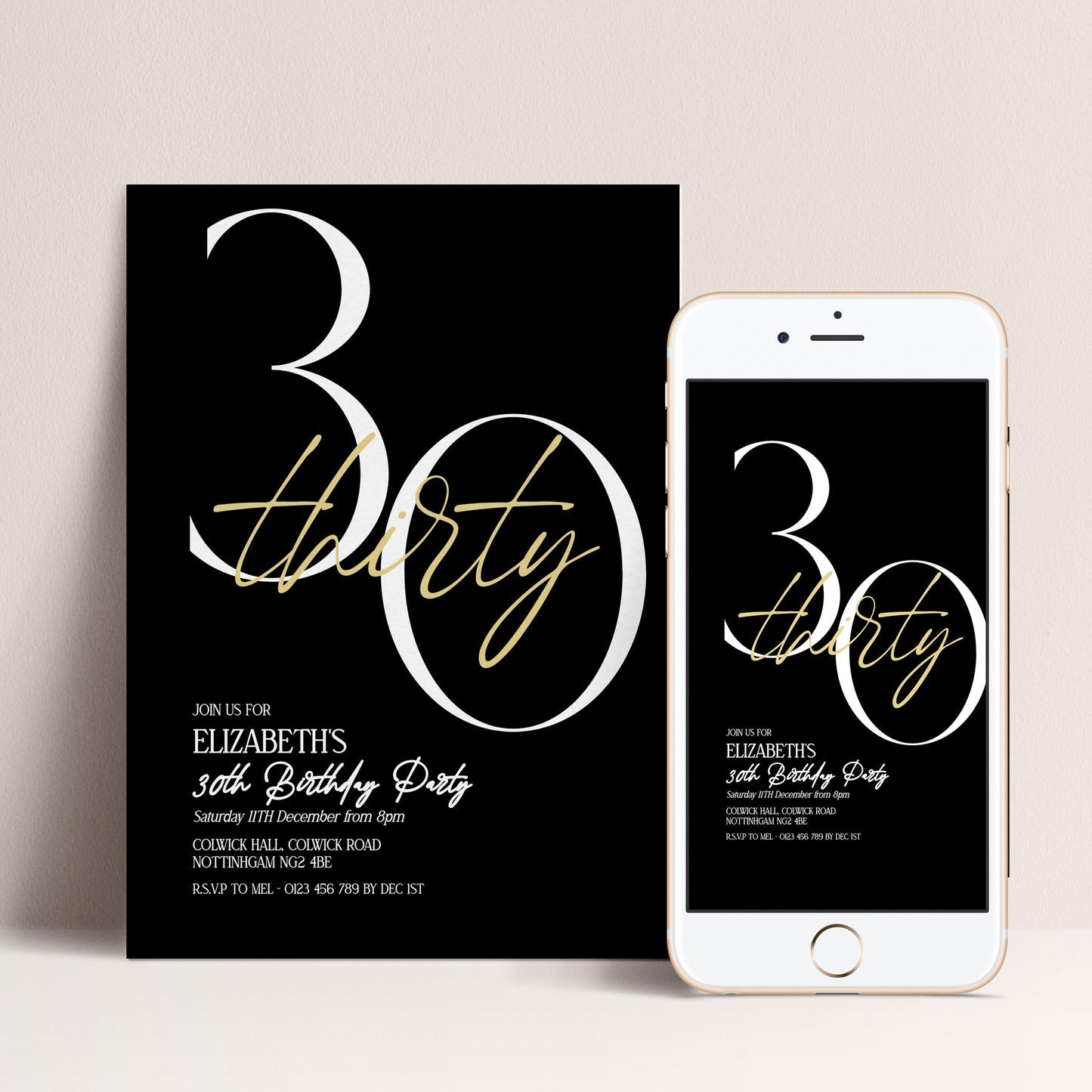 30th Birthday Invitation Woman, Black Gold 30th Party Invite, Elegant Milestone Birthday Invite, Modern Editable Corjl Template