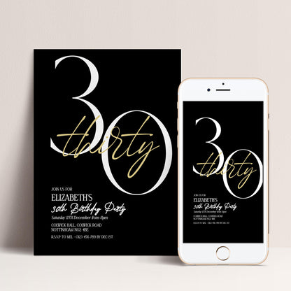 30th Birthday Invitation Woman, Black Gold 30th Party Invite, Elegant Milestone Birthday Invite, Modern Editable Corjl Template