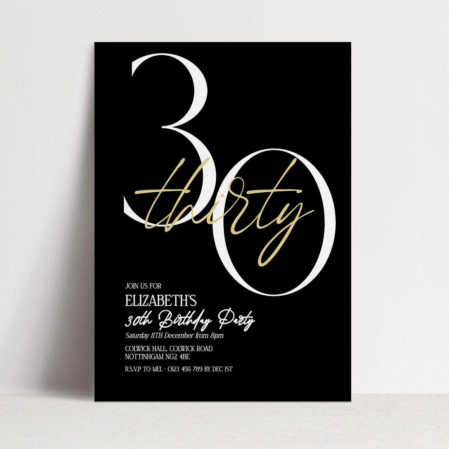 30th Birthday Invitation Woman, Black Gold 30th Party Invite, Elegant Milestone Birthday Invite, Modern Editable Corjl Template