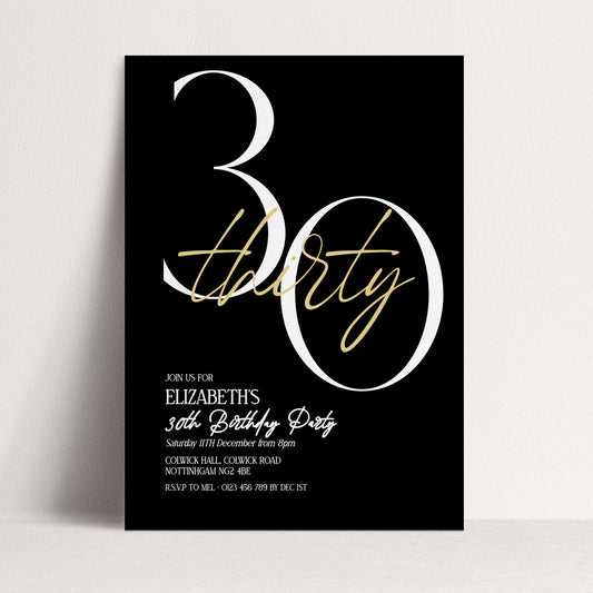 30th Birthday Invitation Woman, Black Gold 30th Party Invite, Elegant Milestone Birthday Invite, Modern Editable Corjl Template
