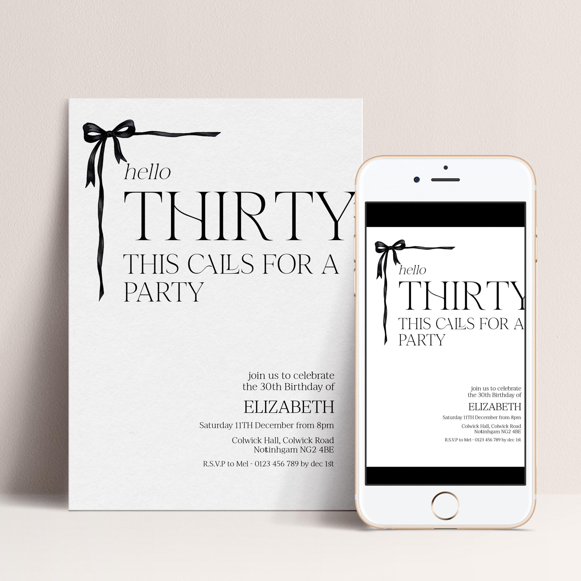 30th Birthday Invitation Woman, Hello Thirty Party Invite, Bow Birthday Invite, Editable Corjl Template