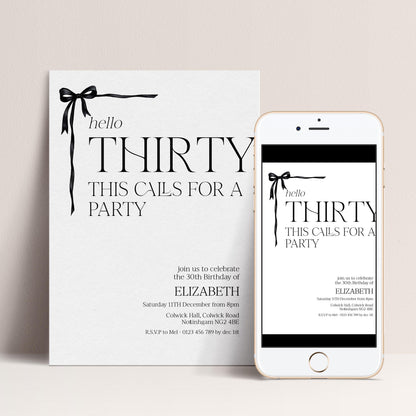30th Birthday Invitation Woman, Hello Thirty Party Invite, Bow Birthday Invite, Editable Corjl Template