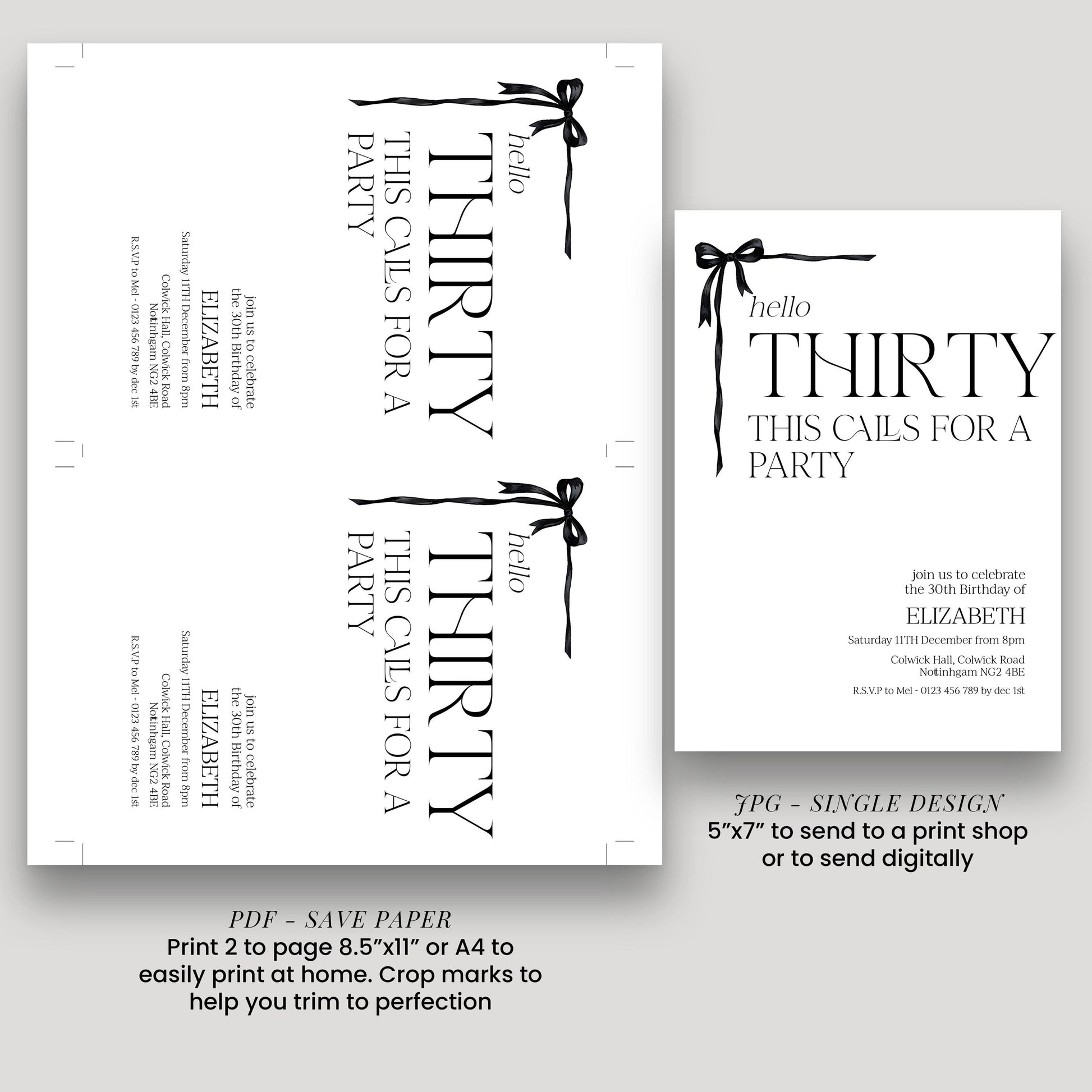 30th Birthday Invitation Woman, Hello Thirty Party Invite, Bow Birthday Invite, Editable Corjl Template