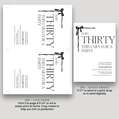30th Birthday Invitation Woman, Hello Thirty Party Invite, Bow Birthday Invite, Editable Corjl Template