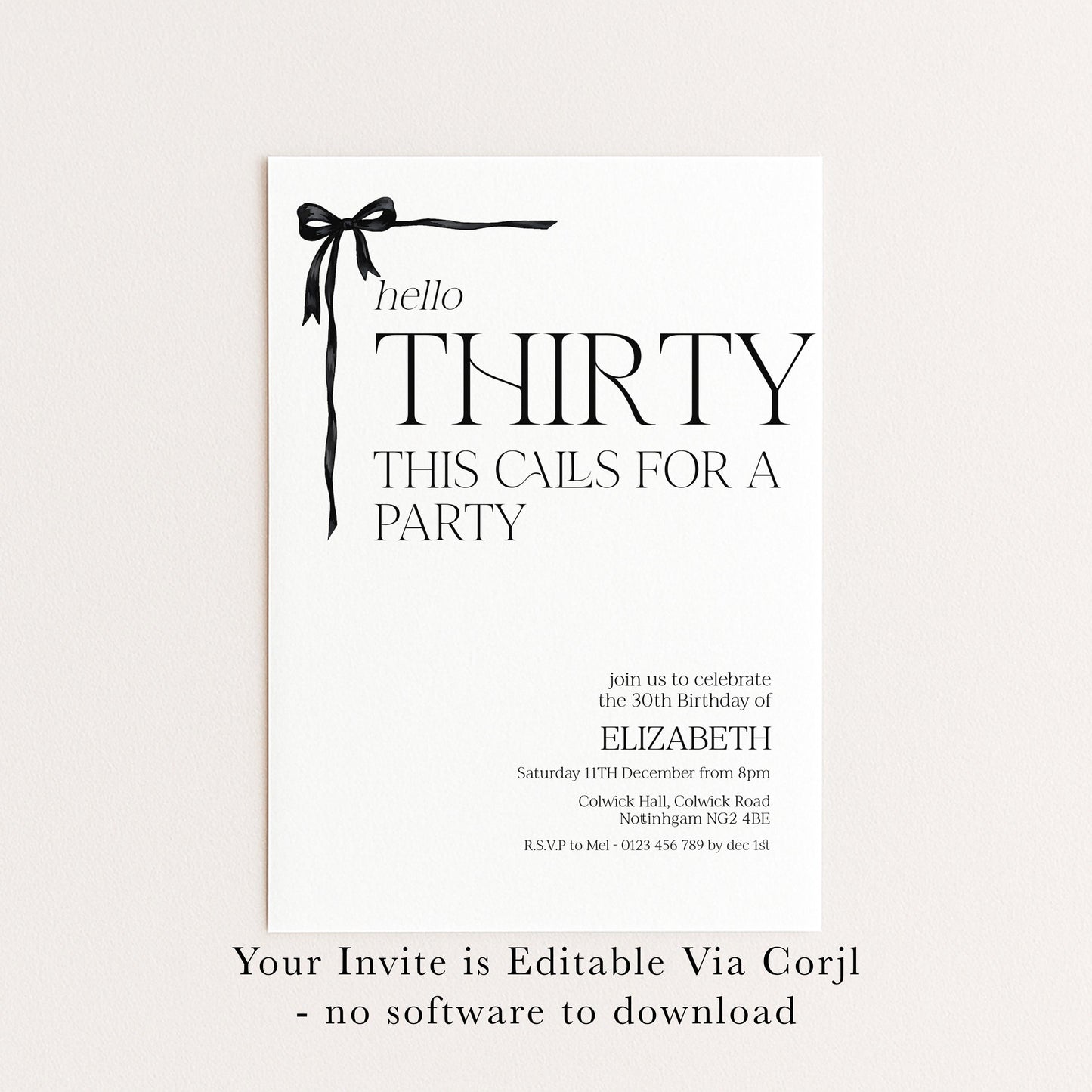 30th Birthday Invitation Woman, Hello Thirty Party Invite, Bow Birthday Invite, Editable Corjl Template