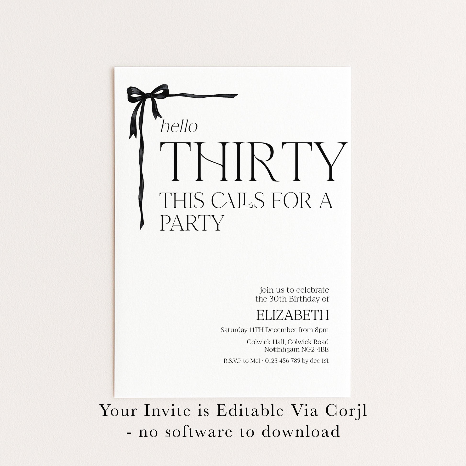 30th Birthday Invitation Woman, Hello Thirty Party Invite, Bow Birthday Invite, Editable Corjl Template