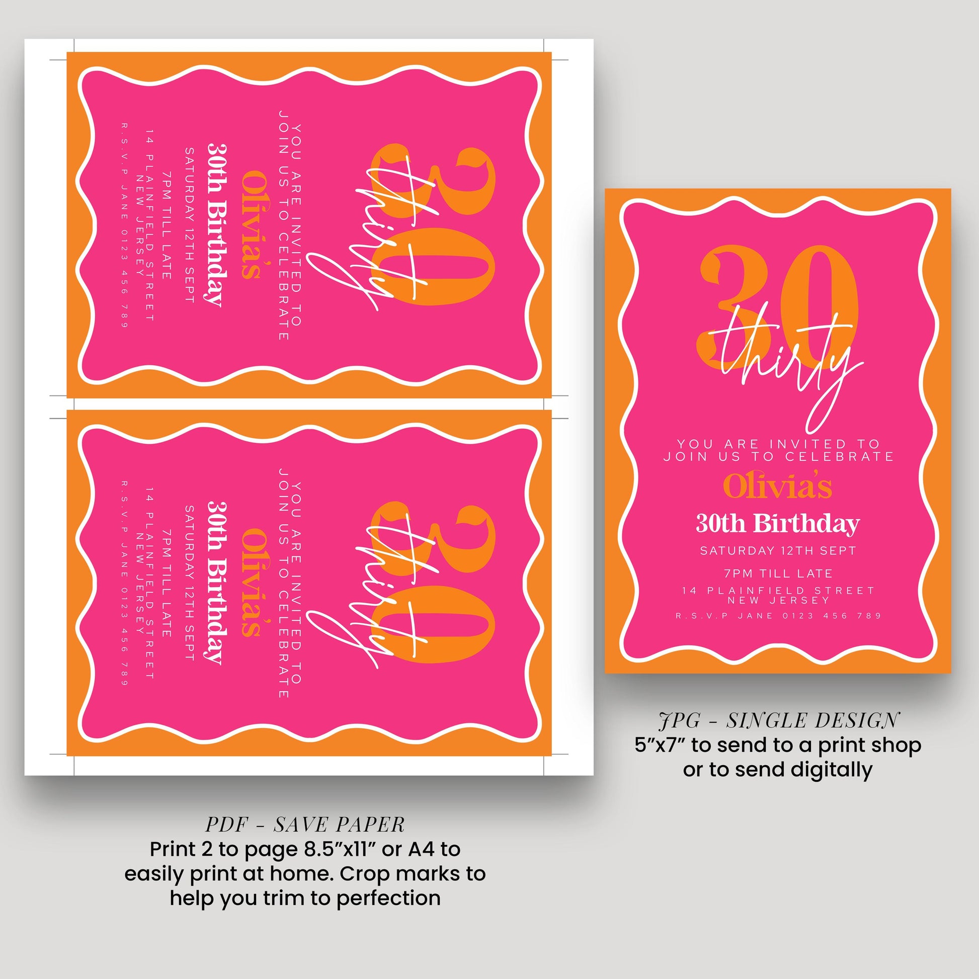 three different designs of birthday invitations, each with a unique color scheme and layout. The invitations are pink and orange, and they feature the number "30" prominently. The designs include a single page invitation, a larger page invitation, and a smaller page invitation. The invitations are intended to invite guests to a birthday celebration, with details about the event and the date.