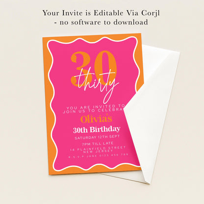 The image is a 30th birthday invitation for a person named Olivia, which is editable via Corjl. The invitation is not available for download and does not include any software.