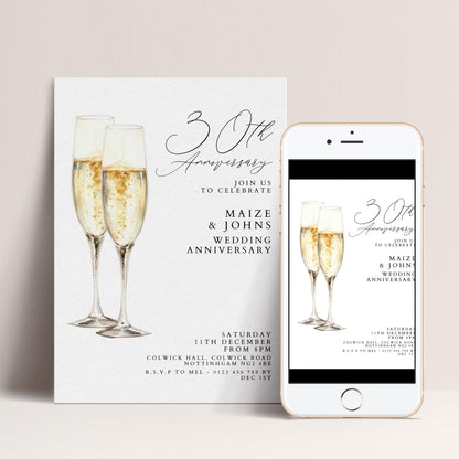 30th Wedding Anniversary Invitation, 30 Year Anniversary Party Invite, Elegant Champagne Anniversary Invitation