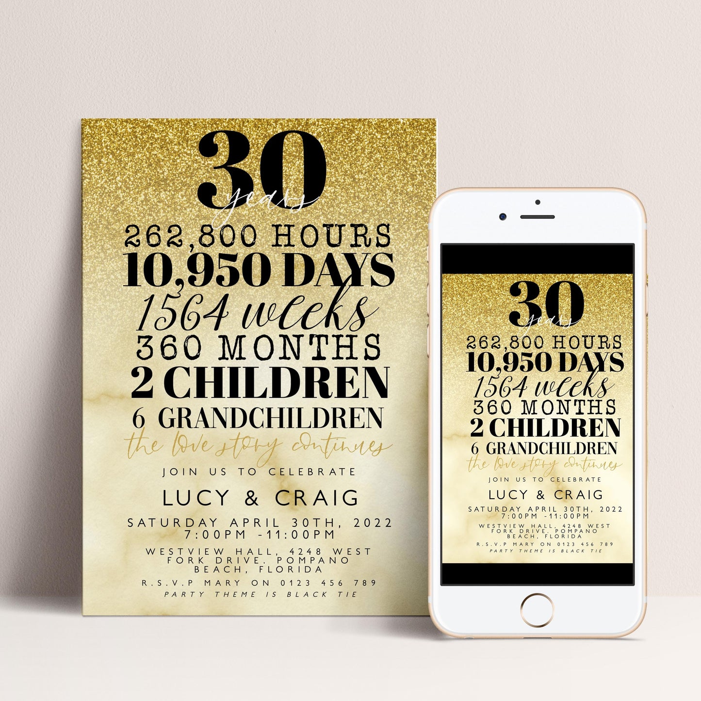 30th Wedding Anniversary Invitation Gold Glitter, 30 Years Married Party Invite, Elegant Milestone Celebration, Editable Template