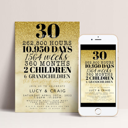 30th Wedding Anniversary Invitation Gold Glitter, 30 Years Married Party Invite, Elegant Milestone Celebration, Editable Template