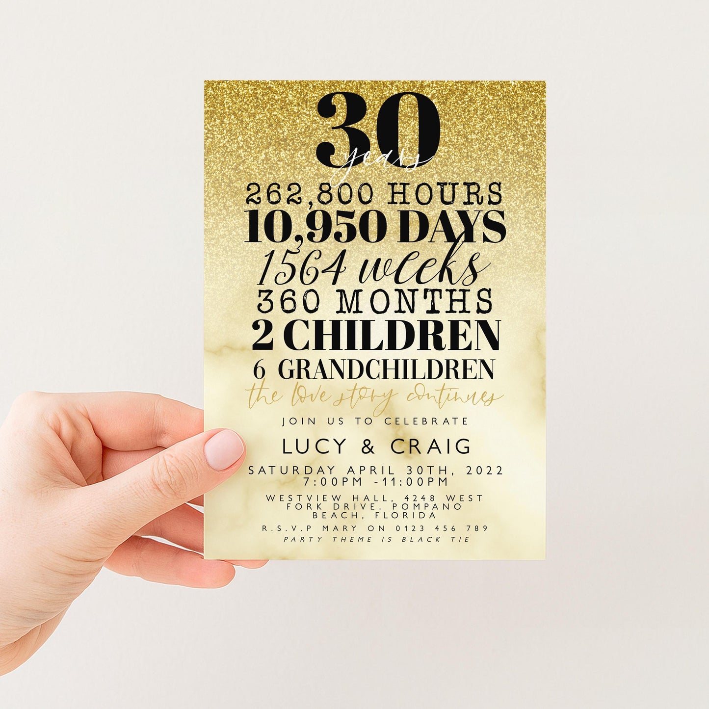 30th Wedding Anniversary Invitation Gold Glitter, 30 Years Married Party Invite, Elegant Milestone Celebration, Editable Template