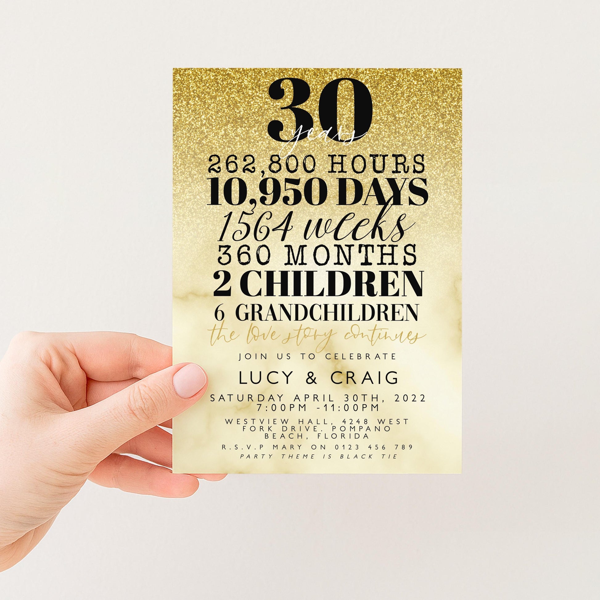 30th Wedding Anniversary Invitation Gold Glitter, 30 Years Married Party Invite, Elegant Milestone Celebration, Editable Template